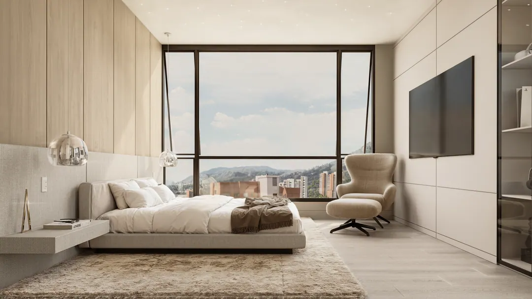Habitación principal con ventanal hacia las montañas