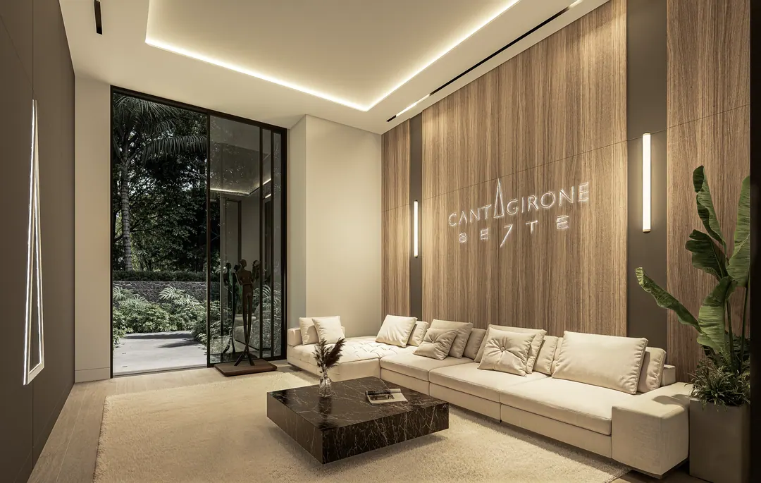 Lobby con paneles de madera y logo de CANTAGIRONE SETTE