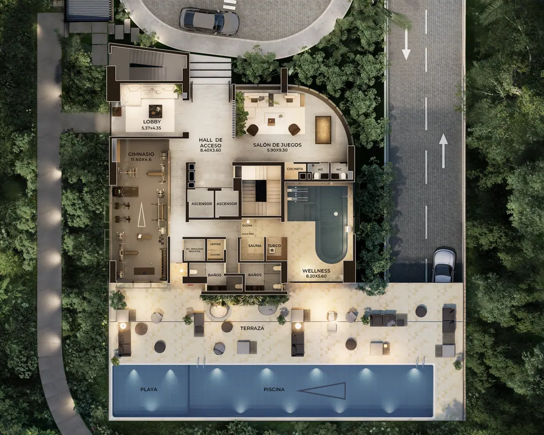 Planta ambientada de los espacios de bienestar: lobby, gimnasio, salón de juegos, wellness, sauna, turco, terraza y piscina