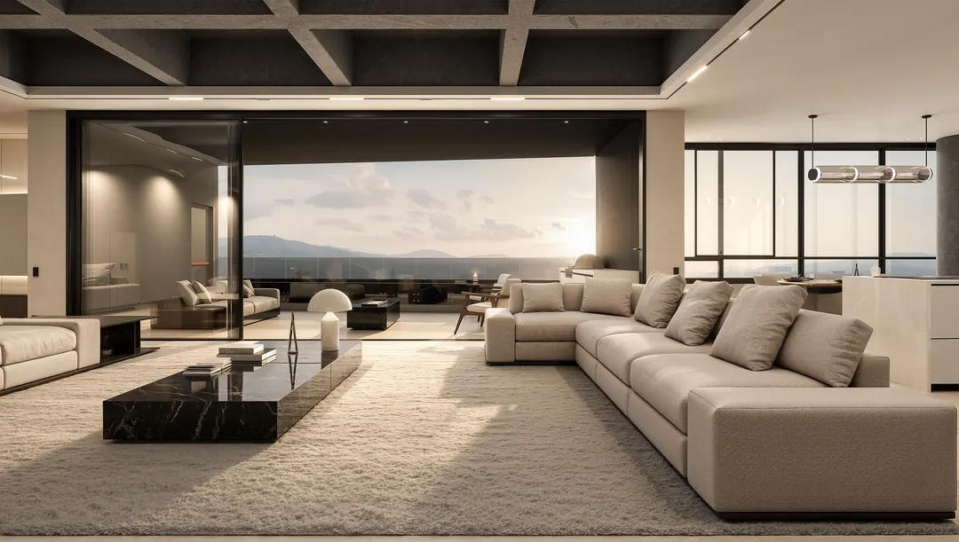 Sala con mesa de mármol y ventanal con vista a Medellín