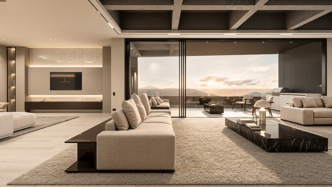 Sala con luz de atardecer sobre la ciudad