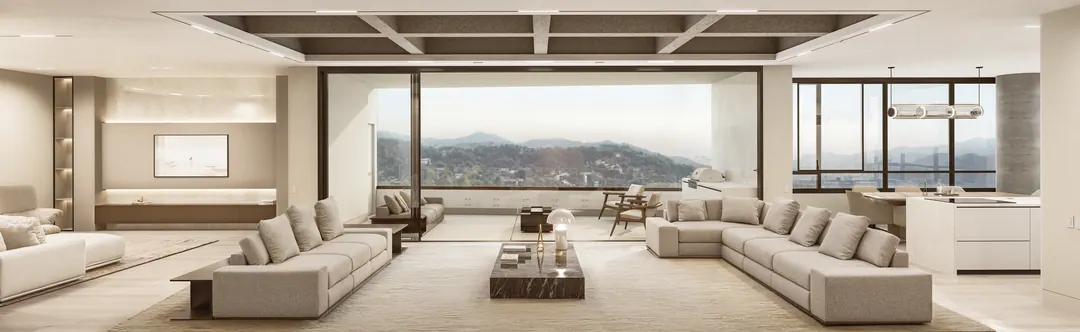 Sala y terraza del apartamento con vista panorámica a las montañas de Medellín